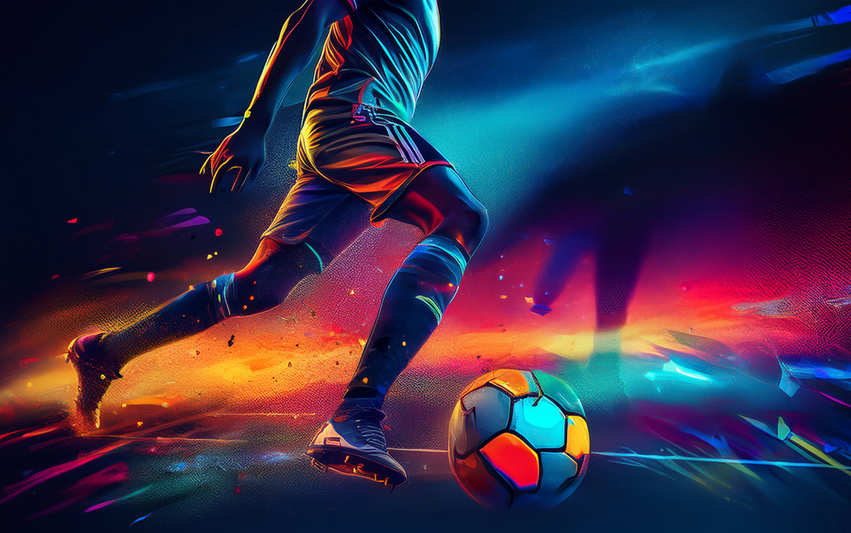 Stylized comic-style illustration of a soccer player dribbling a glowing ball on a vibrant field, symbolizing UX collaboration, flow, and team momentum.