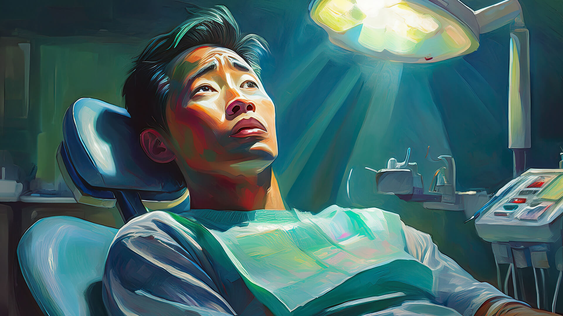 A tense patient reclines in a dental chair, looking nervously up at a harsh, glaring overhead light in a dim, sterile clinic. His expression shows clear discomfort and unease.