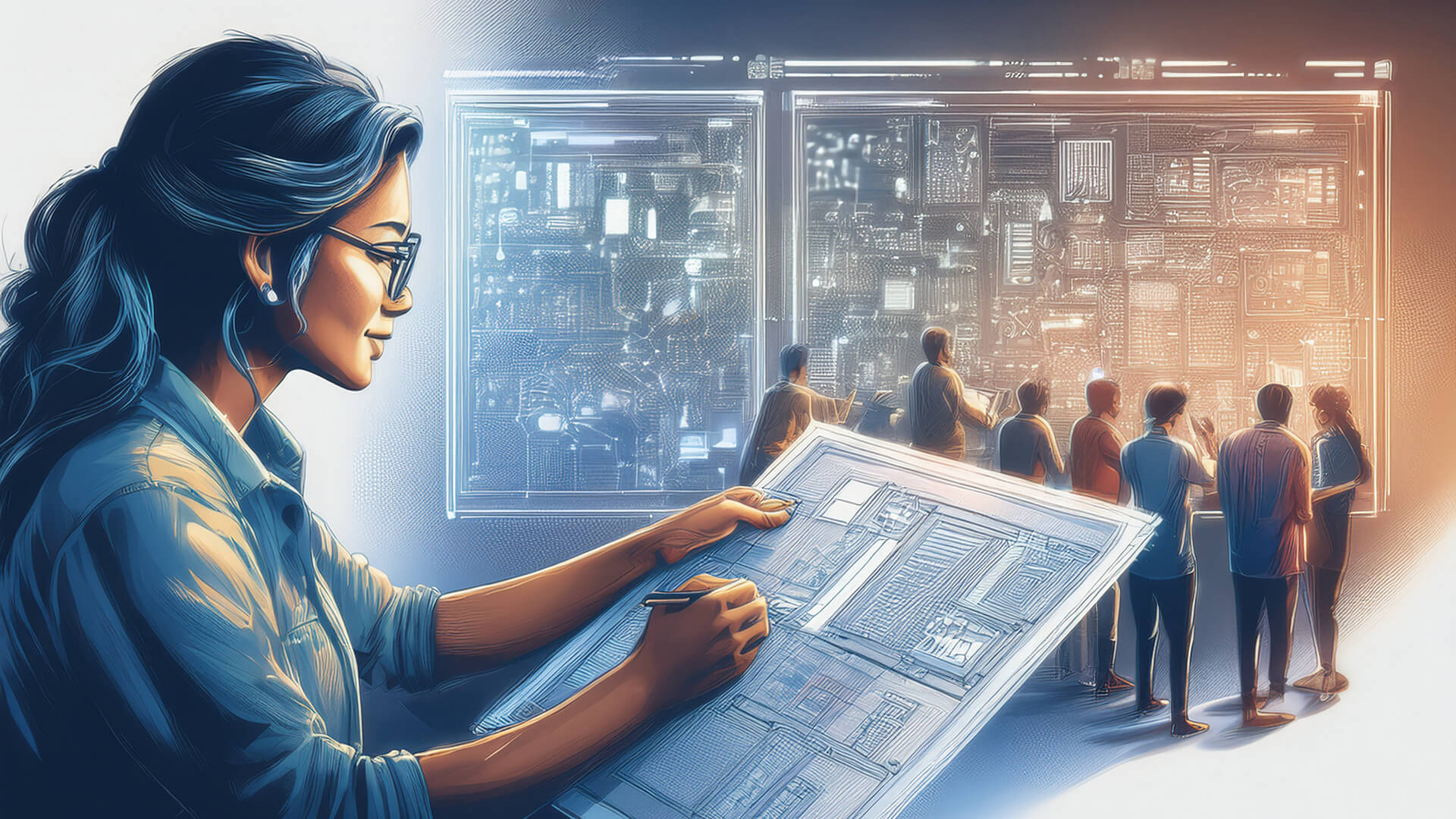 A woman holds a blueprint while presenting to a group, emphasizing the importance of thoughtful design in user experience.