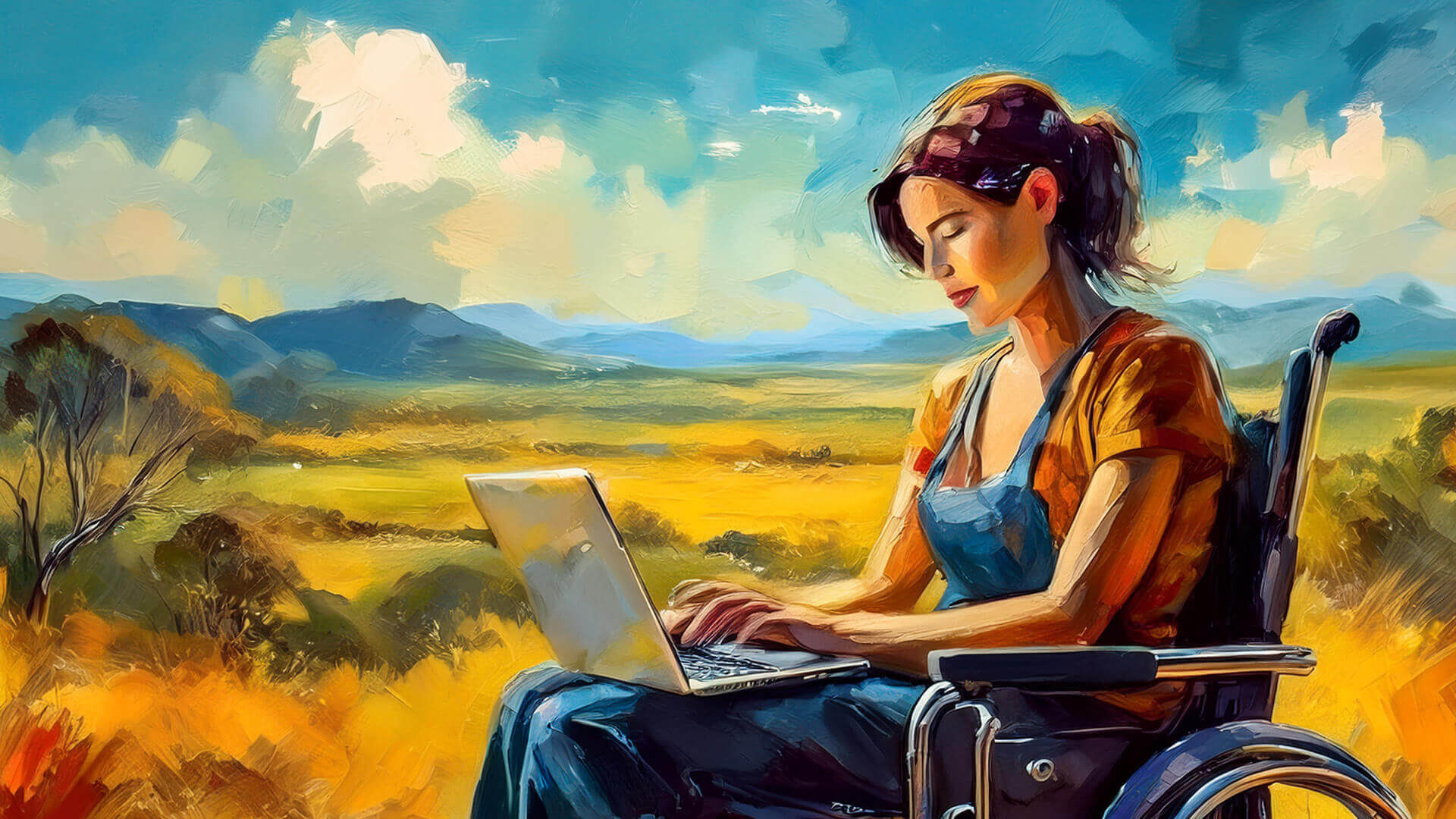  
                        A person in a wheelchair sits outdoors in a golden field, working on a laptop beneath a bright sky. Distant mountains and scattered clouds frame the serene landscape. The scene evokes quiet empowerment, where technology, nature, and accessibility converge not as spectacle, but as everyday possibility.