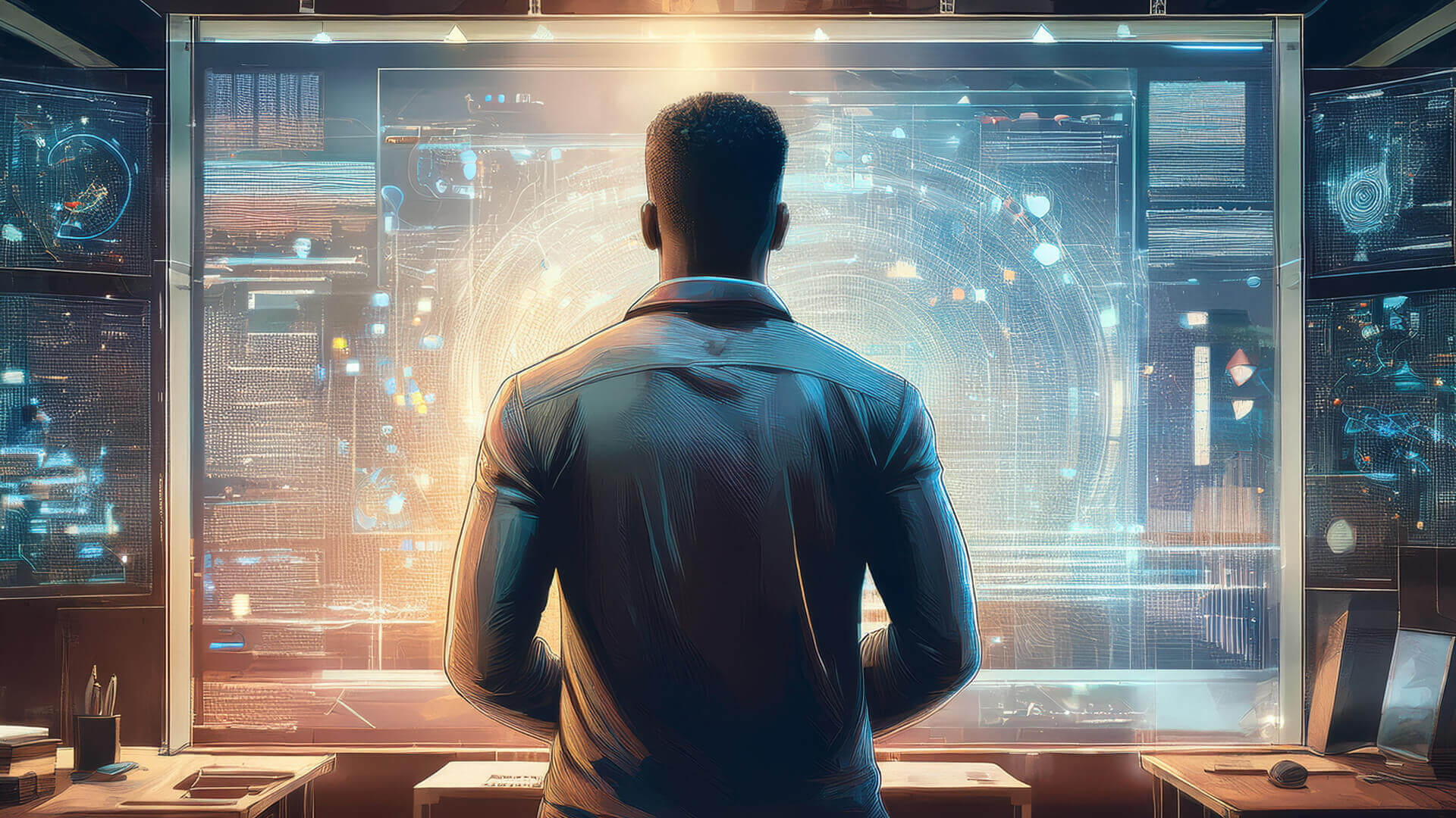 A person stands before a glowing, futuristic digital interface filled with holographic data and visualizations. Viewed from behind, they appear poised to engage with complex systems. The scene evokes a sense of responsibility and possibility—where technology meets ethics, and the next accessibility champion prepares to shape what comes next.