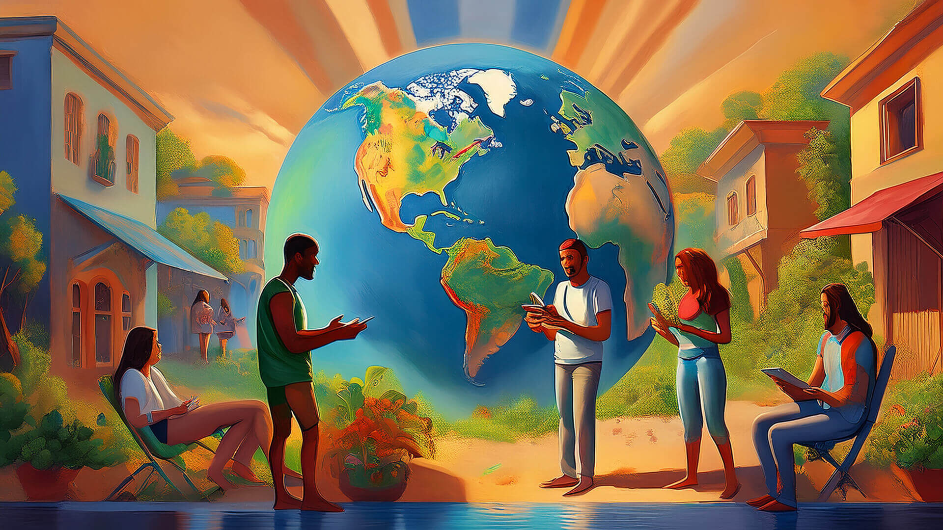 A radiant digital illustration of Earth with North and South America in view, surrounded by five diverse individuals using smartphones and tablets. Residential buildings and greenery frame the scene, while rays of light emanate from the globe, symbolizing global connection. The image evokes a sense of unity, innovation, and the transformative power of accessible technology.